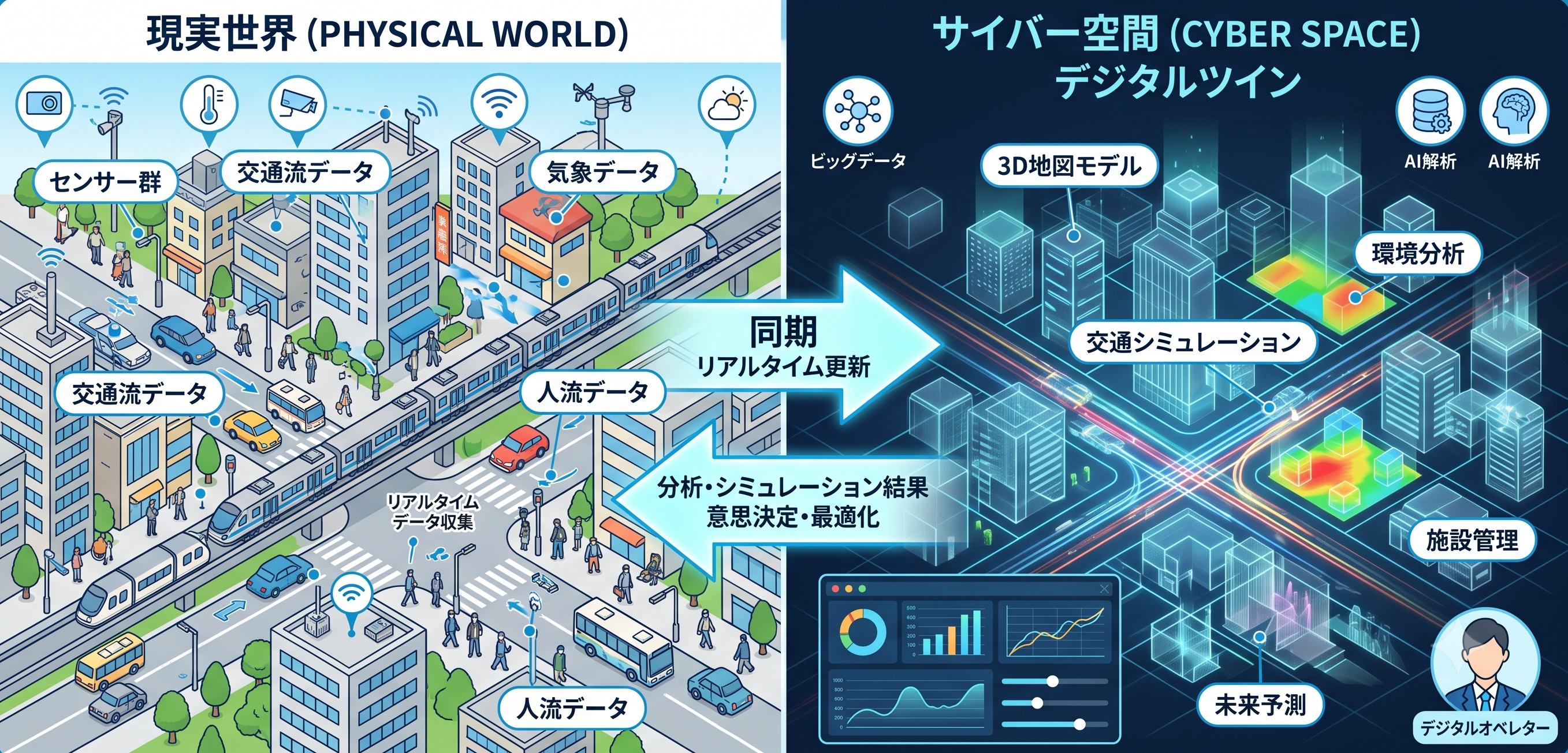 現実世界とサイバー空間の同期（デジタルツイン）